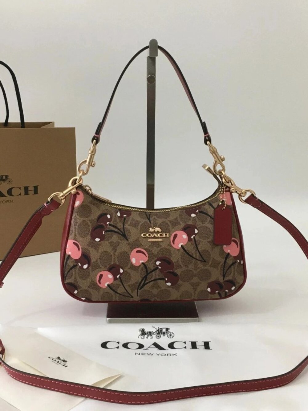 NWT COACH CY694 Teri Shoulder Bag Signature Canvas Cherry Print Tan Brown Outlet